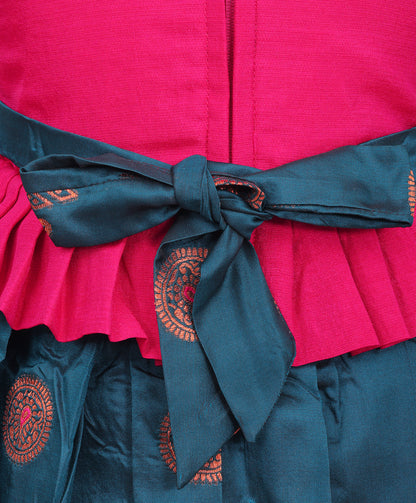 Enfance Half Puffed Sleeves Placement Beads Embellished & Paisley Foil Printed Box Pleated Dress - D.Green