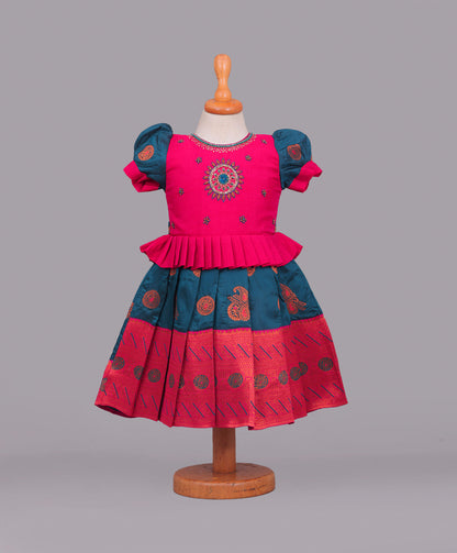 Enfance Half Puffed Sleeves Placement Beads Embellished & Paisley Foil Printed Box Pleated Dress - D.Green