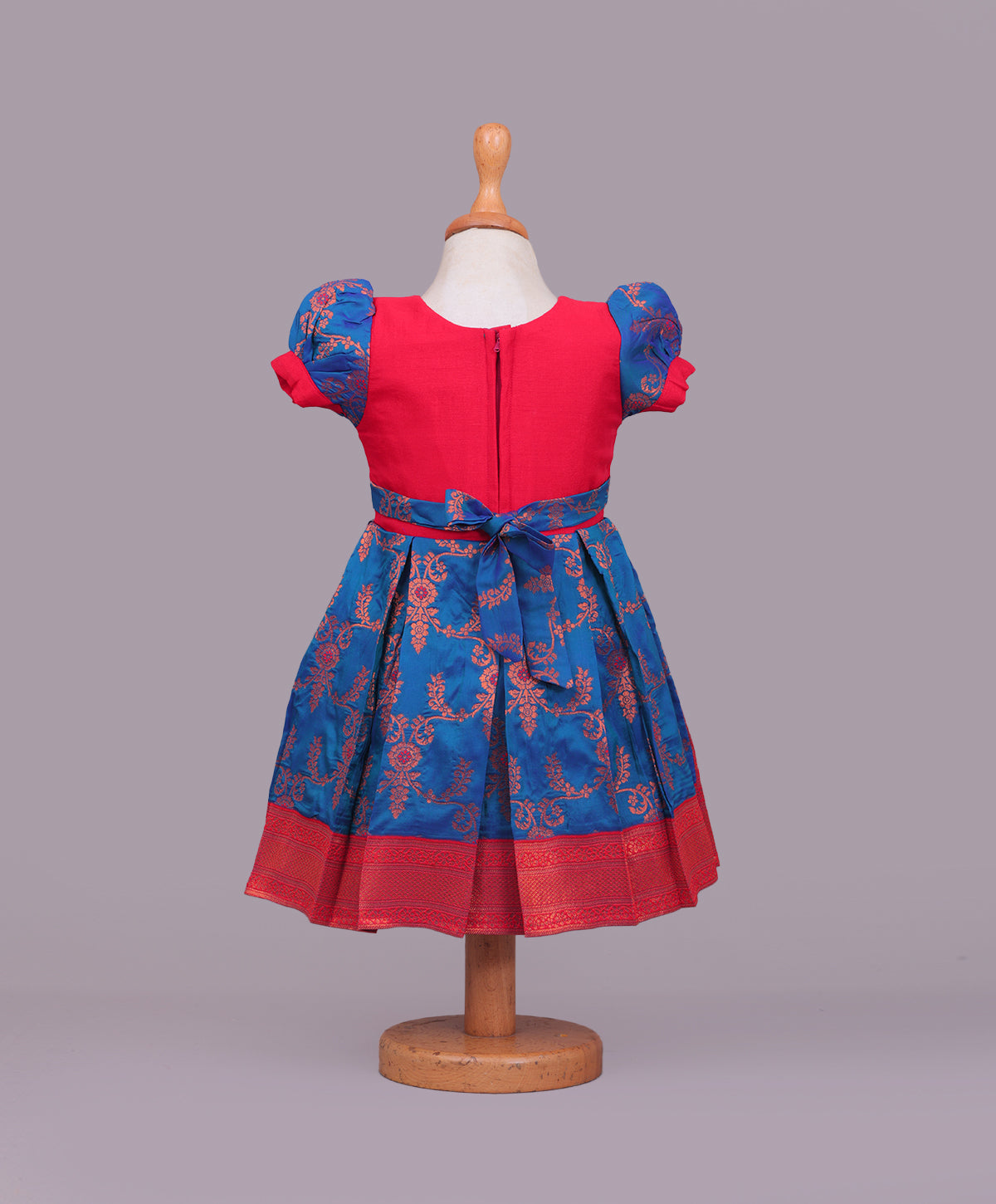 Enfance Half Puffed Sleeves Floral Embroidered Box Pleated Dress - Royal Blue