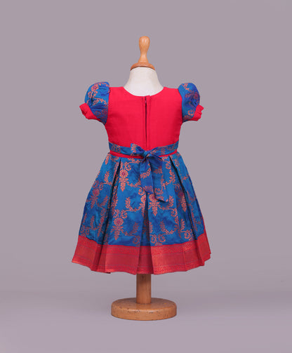 Enfance Half Puffed Sleeves Floral Embroidered Box Pleated Dress - Royal Blue