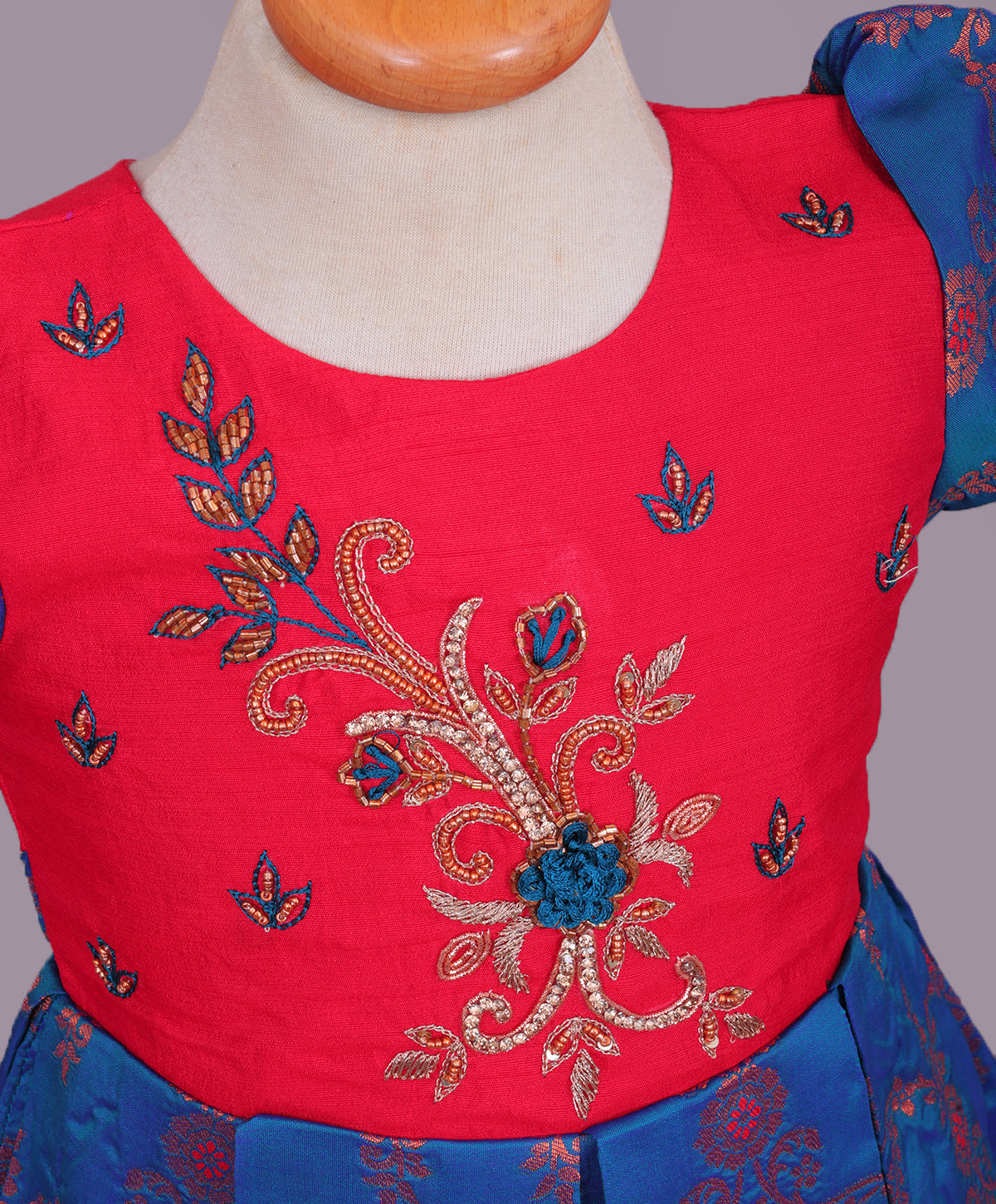 Enfance Half Puffed Sleeves Floral Embroidered Box Pleated Dress - Royal Blue