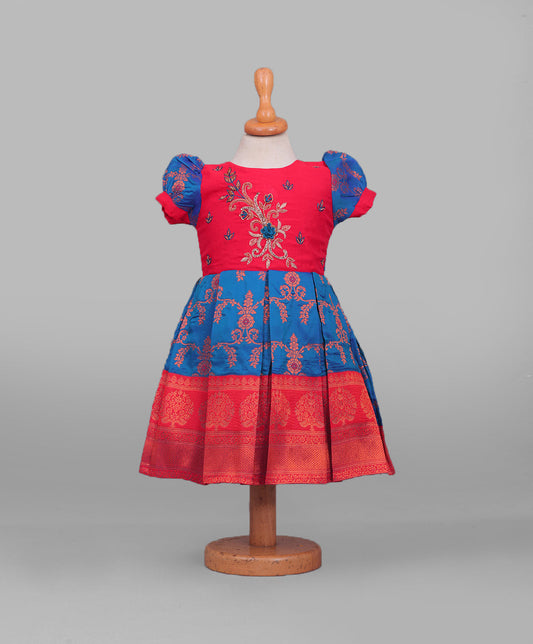 Enfance Half Puffed Sleeves Floral Embroidered Box Pleated Dress - Royal Blue