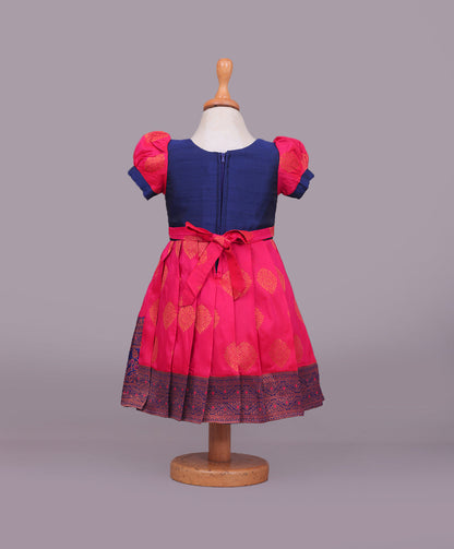Enfance Half Puffed Sleeves Floral Embroidered Box Pleated Dress - Pink