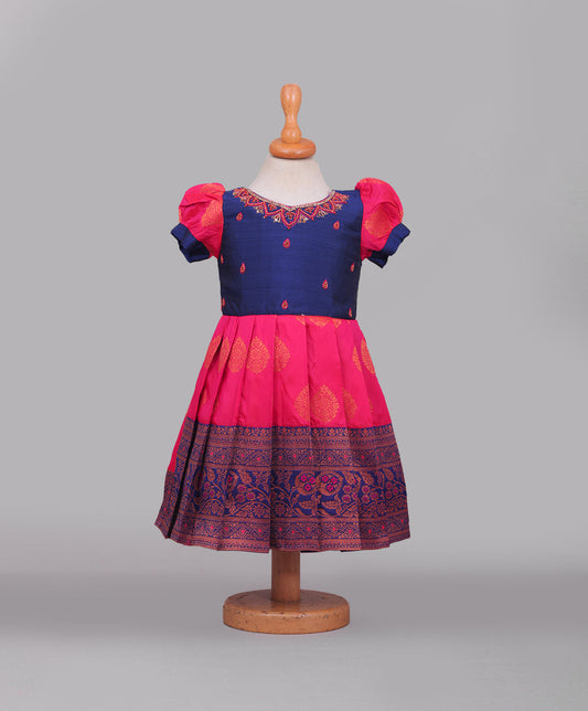 Enfance Half Puffed Sleeves Floral Embroidered Box Pleated Dress - Pink