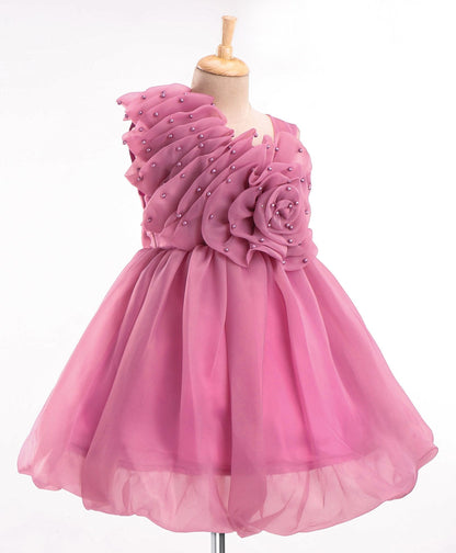 Enfance Sleeveless Flower Applique Solid Dress-O.Pink