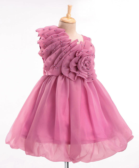 Enfance Sleeveless Flower Applique Solid Dress-O.Pink