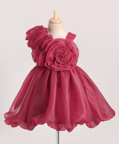 Enfance Sleeveless Flower Applique Solid Dress-Maroon