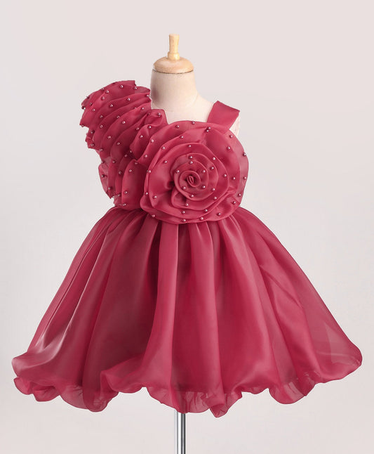 Enfance Sleeveless Flower Applique Solid Dress-Maroon