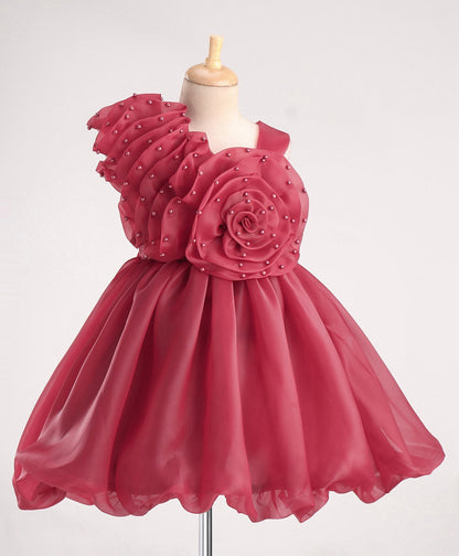 Enfance Sleeveless Flower Applique Solid Dress-Maroon