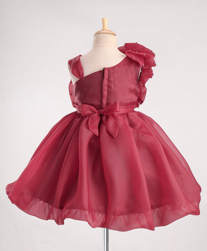 Enfance Sleeveless Flower Applique Solid Dress-Maroon