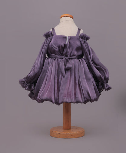 Enfance Cold Shoulder Flower  Applique Detailed Flared Dress - Purple