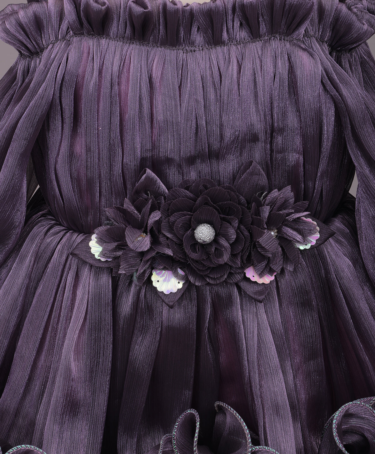 Enfance Cold Shoulder Flower  Applique Detailed Flared Dress - Purple