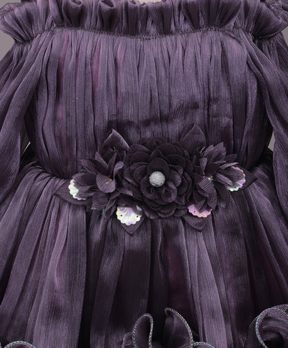 Enfance Cold Shoulder Flower  Applique Detailed Flared Dress - Purple