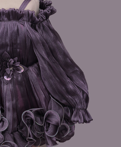 Enfance Cold Shoulder Flower  Applique Detailed Flared Dress - Purple