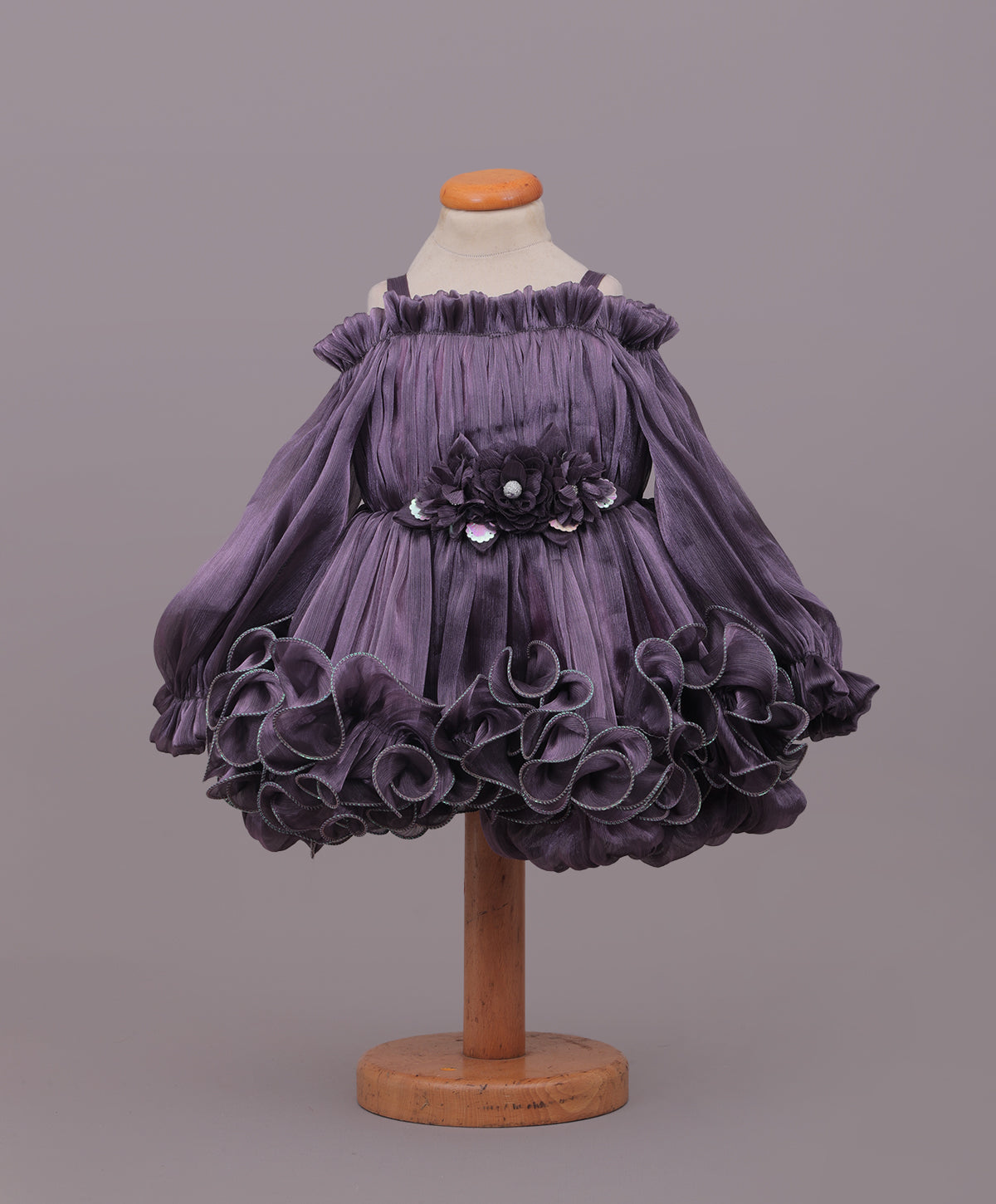 Enfance Cold Shoulder Flower  Applique Detailed Flared Dress - Purple