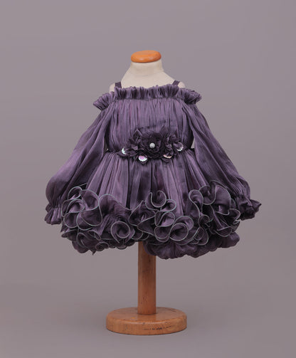 Enfance Cold Shoulder Flower  Applique Detailed Flared Dress - Purple