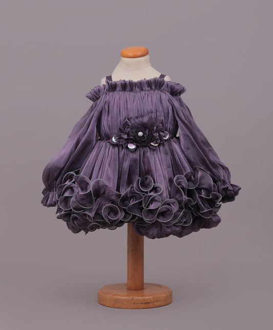 Enfance Cold Shoulder Flower  Applique Detailed Flared Dress - Purple