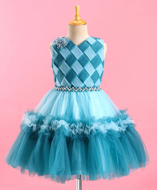 Enfance Sleeveless Matt Pattern Net Flared Dress-Teal