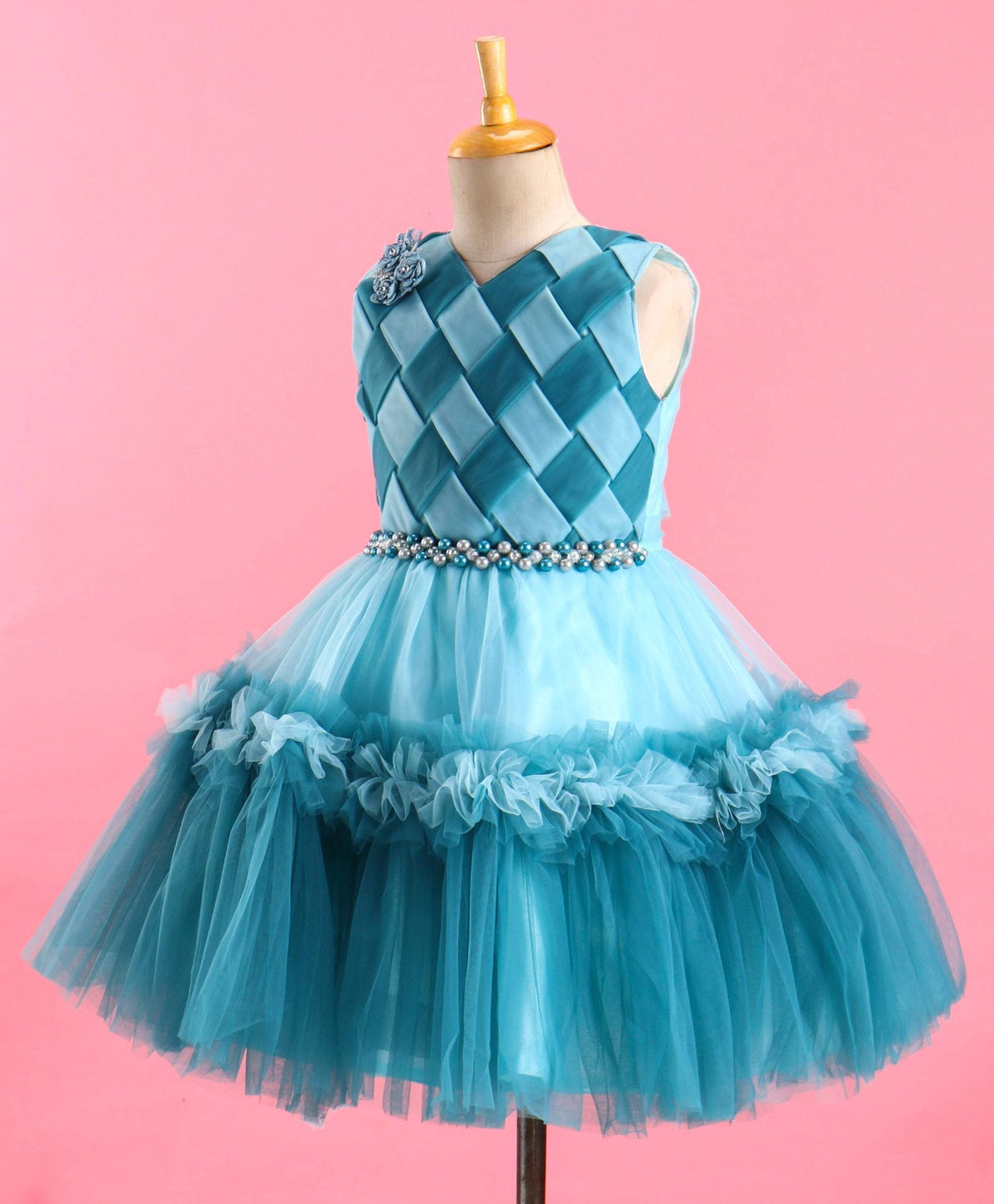 Enfance Sleeveless Matt Pattern Net Flared Dress-Teal