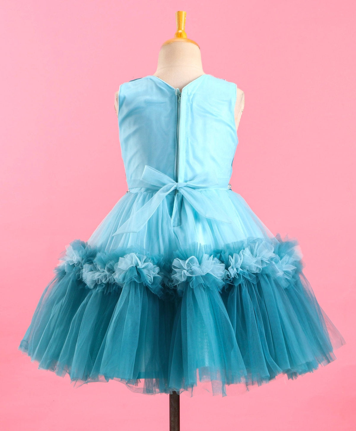 Enfance Sleeveless Matt Pattern Net Flared Dress-Teal
