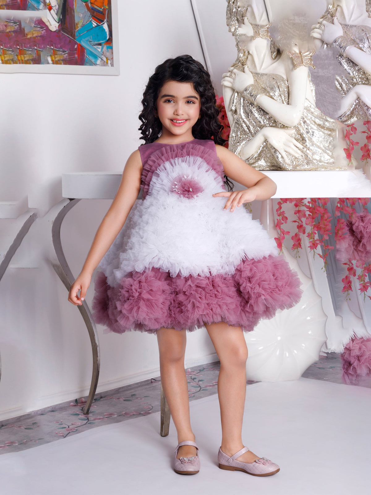 Enfance Sleeveless Floral Applique Detailed Layered Net Party Dress - Onion Pink