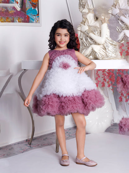 Enfance Sleeveless Floral Applique Detailed Layered Net Party Dress - Onion Pink