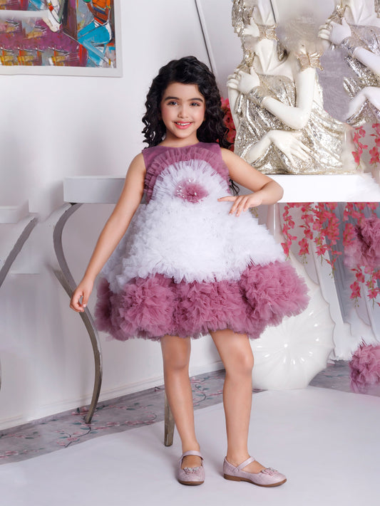 Enfance Sleeveless Floral Applique Detailed Layered Net Party Dress - Onion Pink