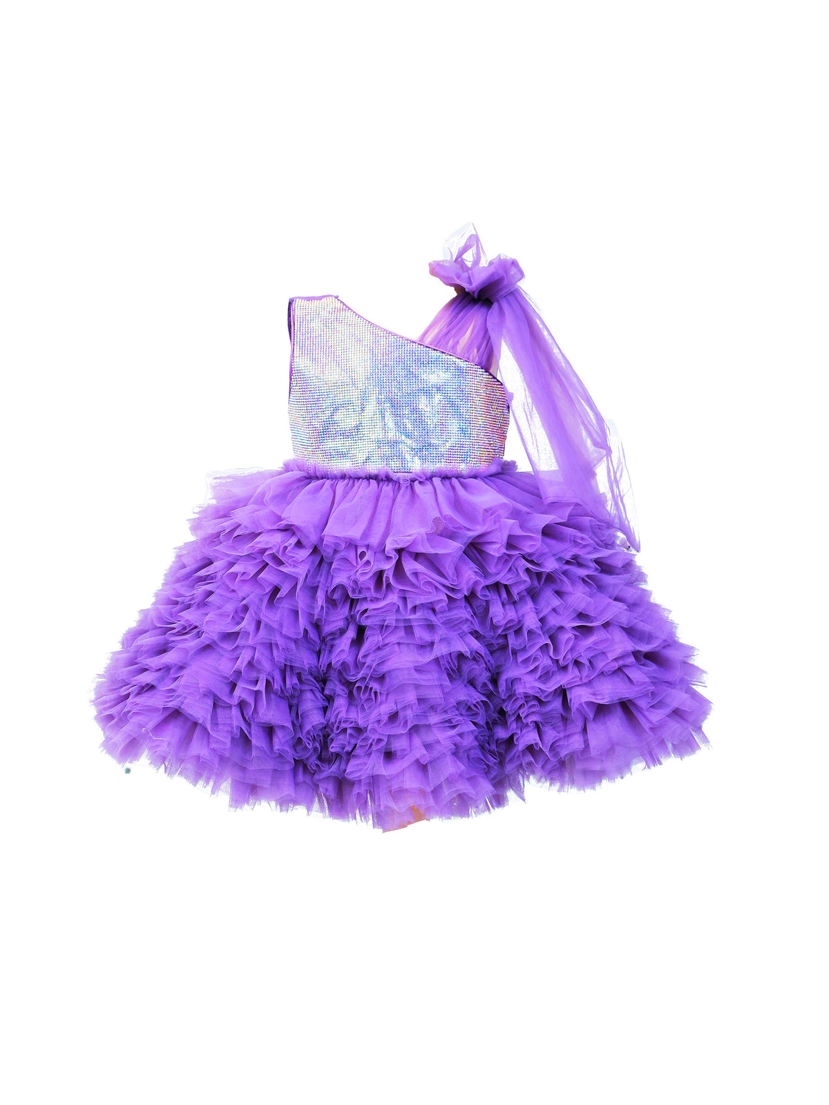 Enfance One Shoulder Sleeve Fit and Flare Sequinned Detailing Layered Dress -Purple