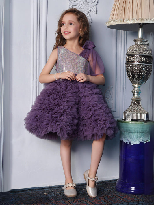 Enfance One Shoulder Sleeve Fit and Flare Sequinned Detailing Layered Dress -Purple