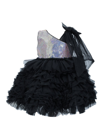 Enfance Sleeveless Floral & Net Detailed Layered Dress - Black