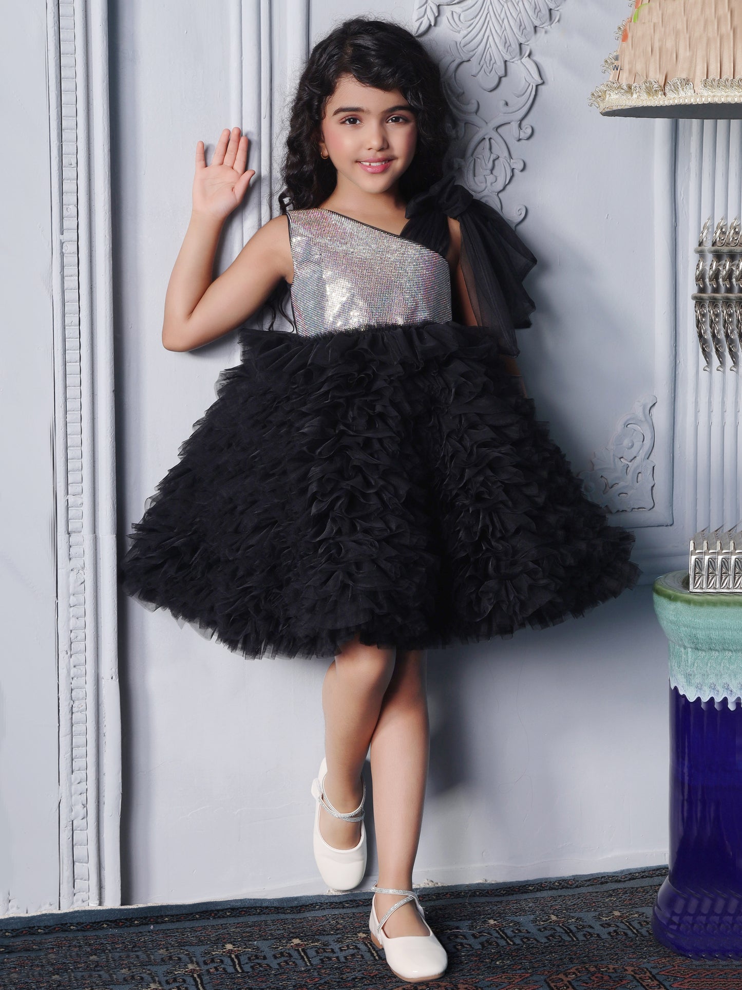 Enfance Sleeveless Floral & Net Detailed Layered Dress - Black