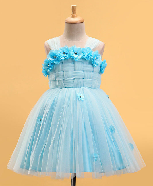 Enfance Sleeveless Flower Applique Solid Dress-Ferozi