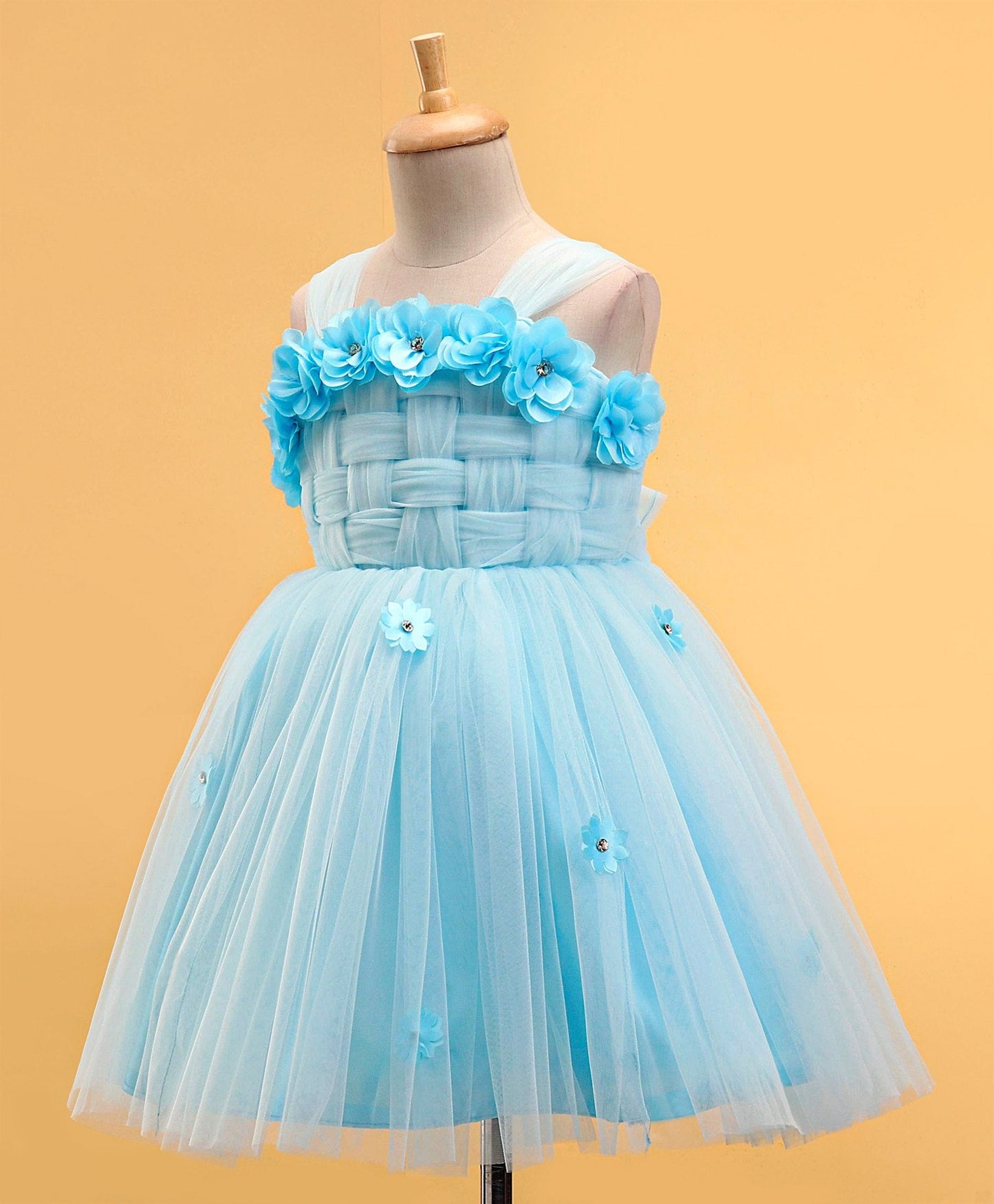 Enfance Sleeveless Flower Applique Solid Dress-Ferozi