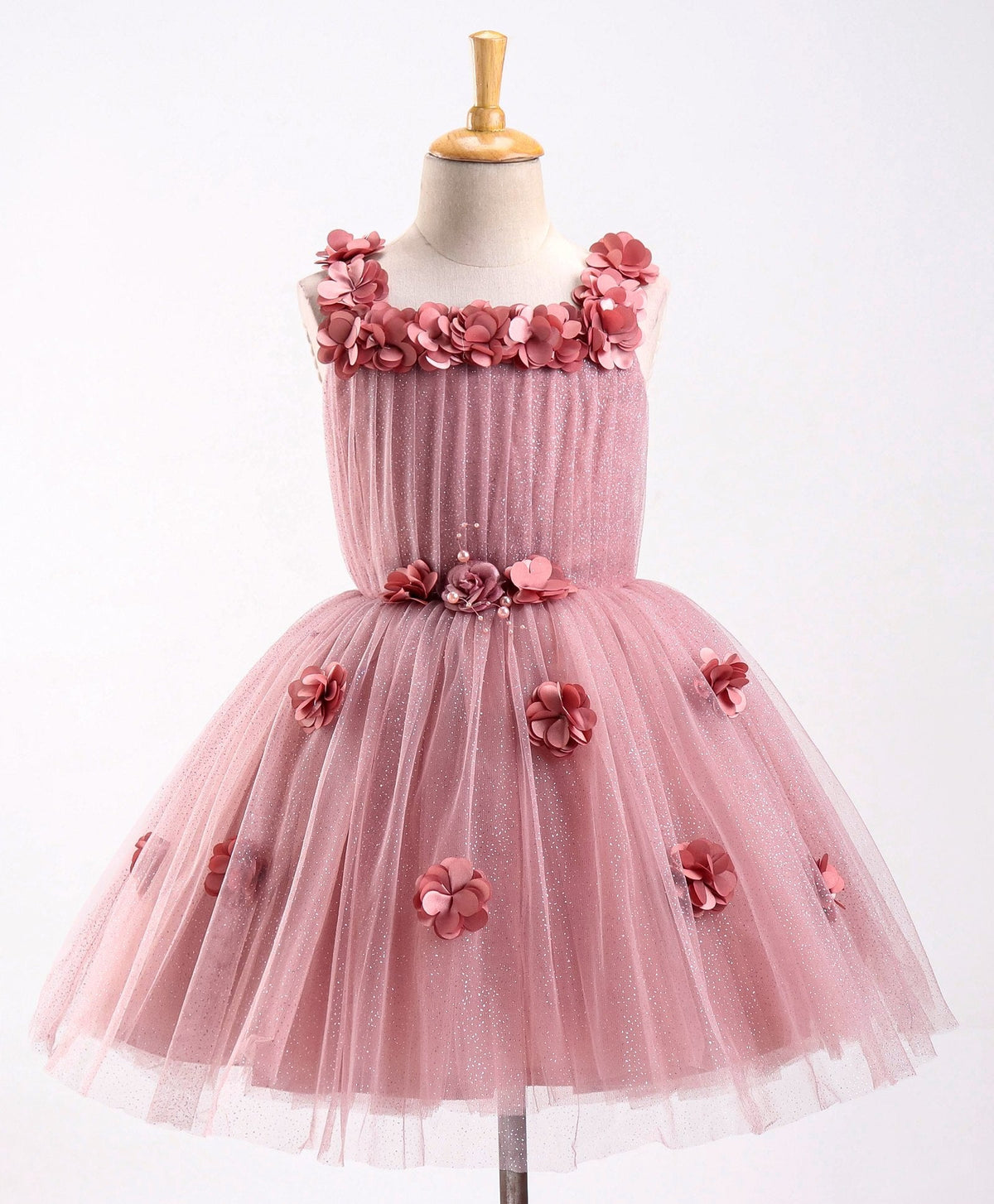 Enfance Sleeveless Mesh Yoke Dress With Flower Applique-Coffee