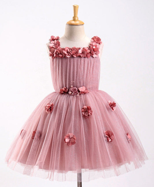 Enfance Sleeveless Mesh Yoke Dress With Flower Applique-Coffee