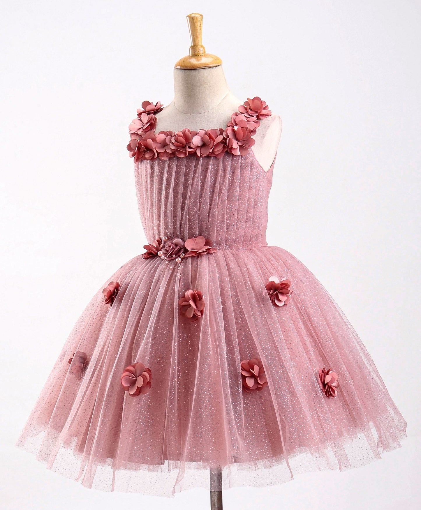 Enfance Sleeveless Mesh Yoke Dress With Flower Applique-Coffee