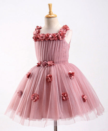 Enfance Sleeveless Mesh Yoke Dress With Flower Applique-Coffee