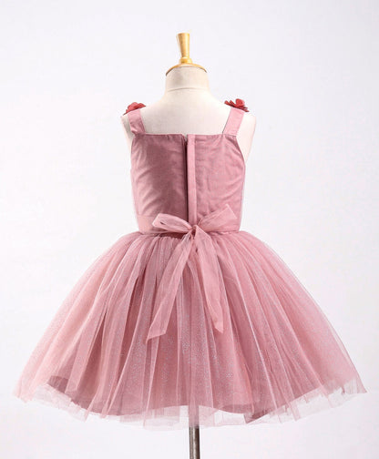 Enfance Sleeveless Mesh Yoke Dress With Flower Applique-Coffee