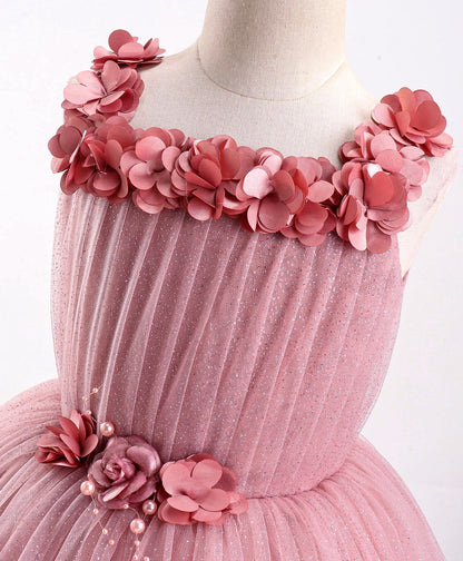 Enfance Sleeveless Mesh Yoke Dress With Flower Applique-Coffee
