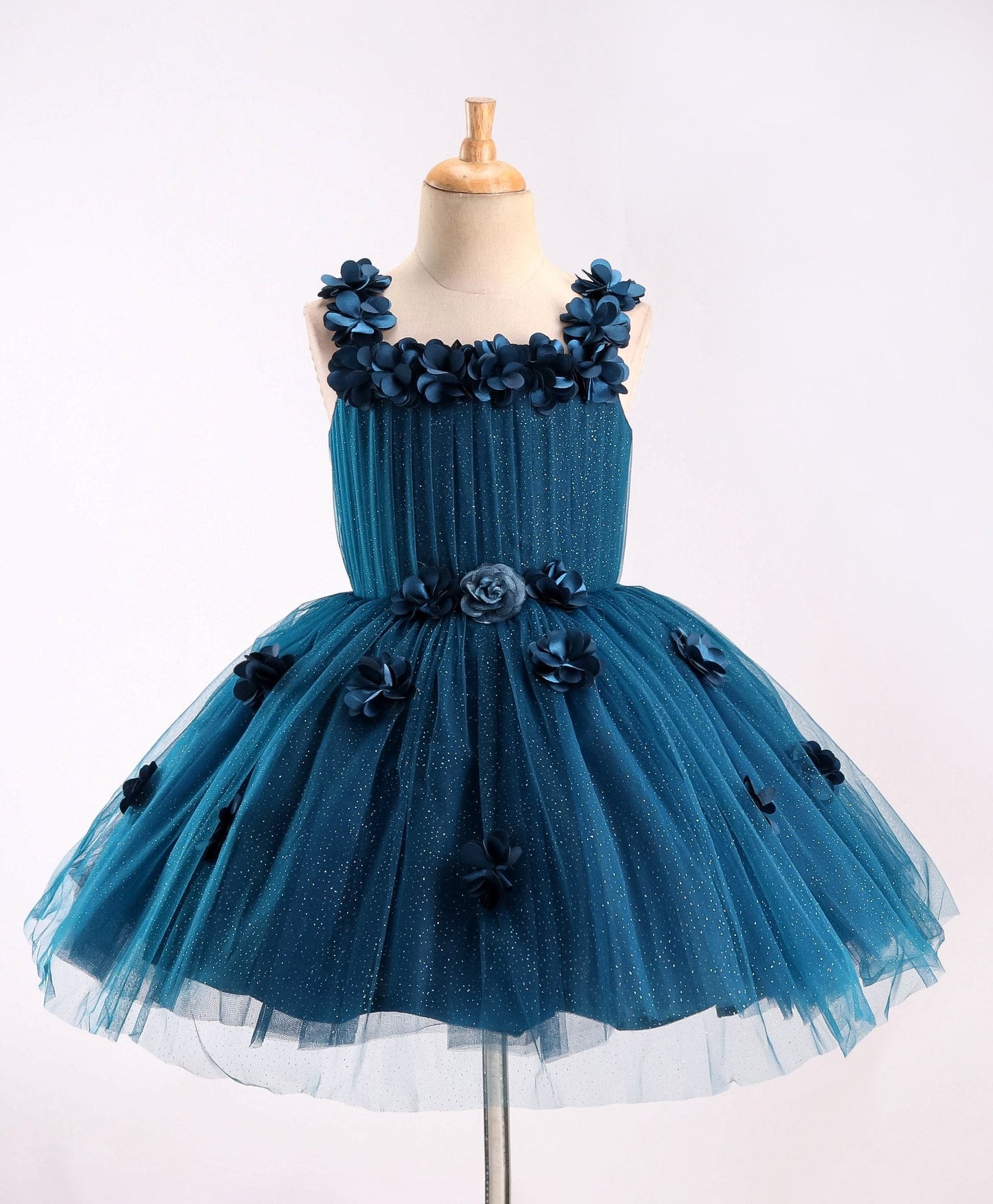Enfance Sleeveless Flower Applique Solid Party Wear Dress -P.Blue