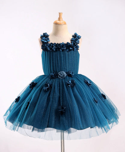 Enfance Sleeveless Flower Applique Solid Party Wear Dress -P.Blue