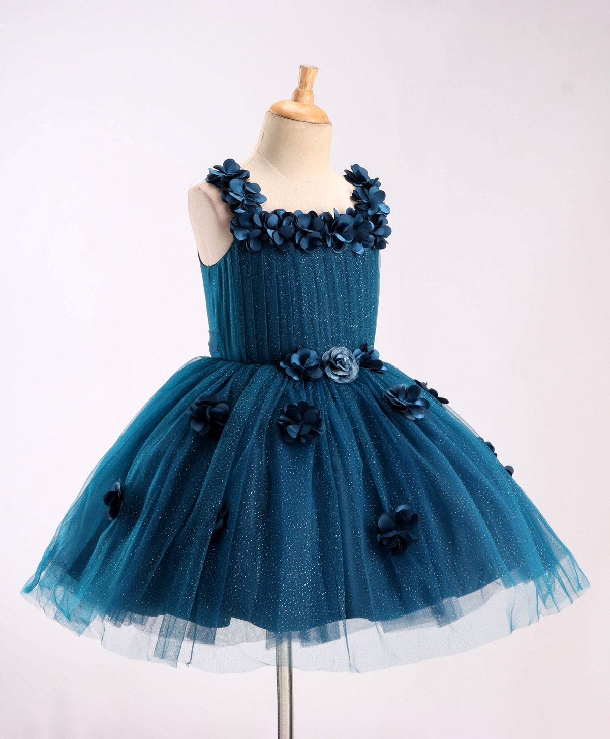 Enfance Sleeveless Flower Applique Solid Party Wear Dress -P.Blue