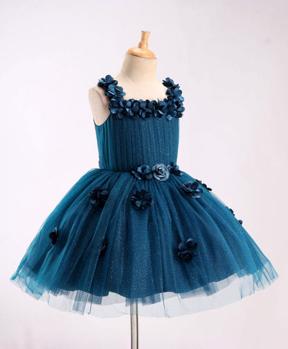 Enfance Sleeveless Flower Applique Solid Party Wear Dress -P.Blue