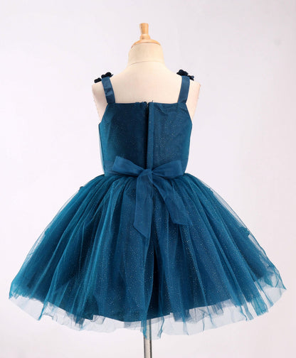 Enfance Sleeveless Flower Applique Solid Party Wear Dress -P.Blue