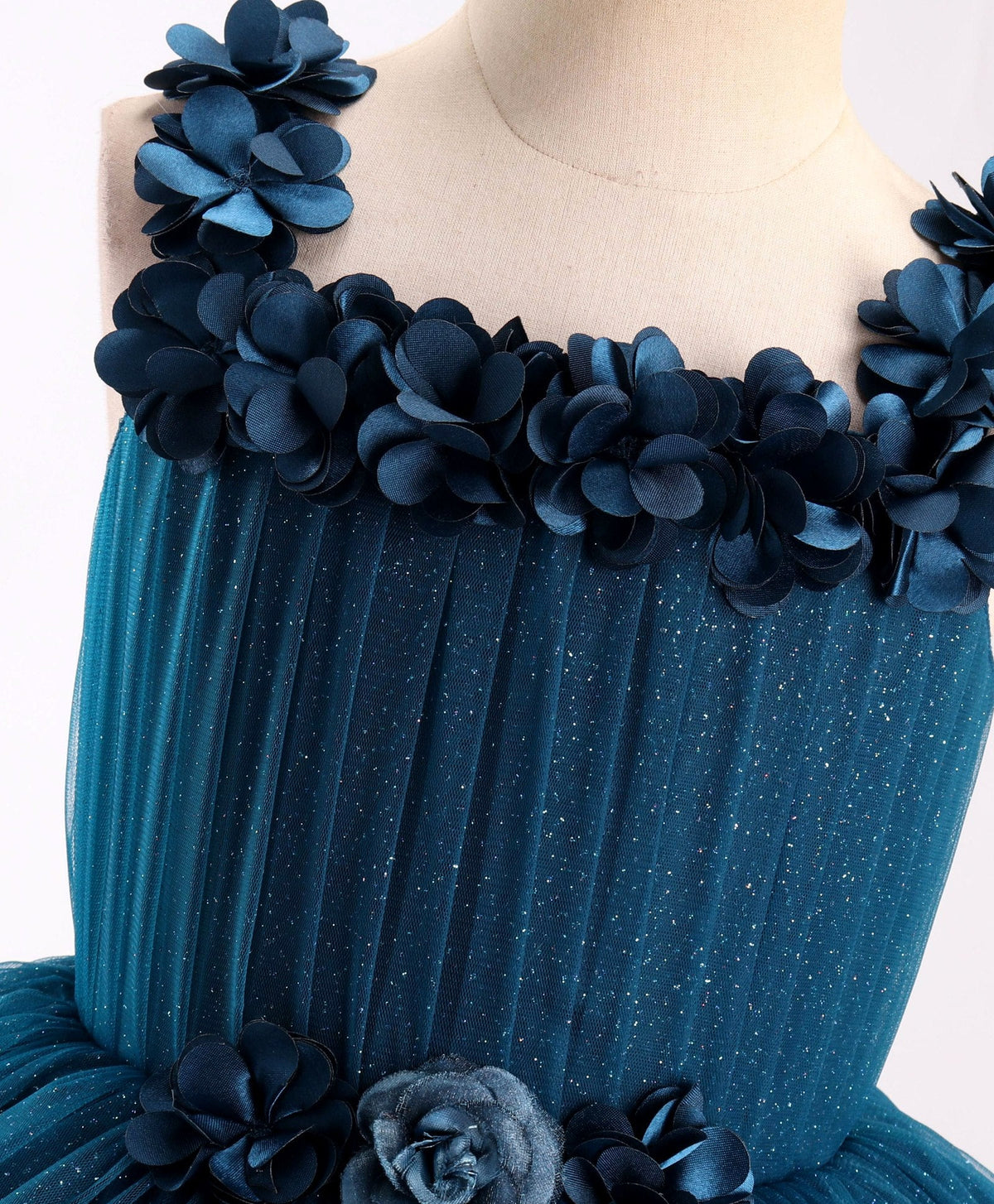 Enfance Sleeveless Flower Applique Solid Party Wear Dress -P.Blue