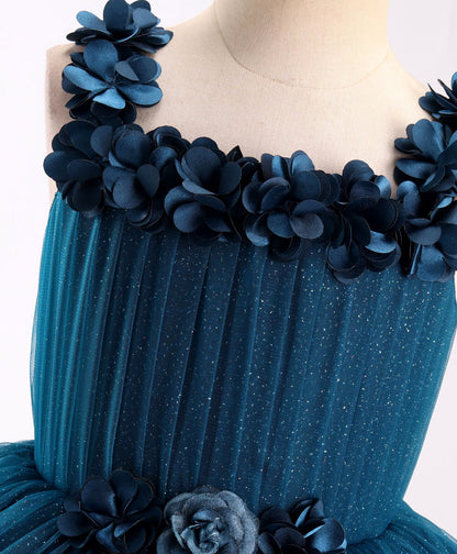 Enfance Sleeveless Flower Applique Solid Party Wear Dress -P.Blue
