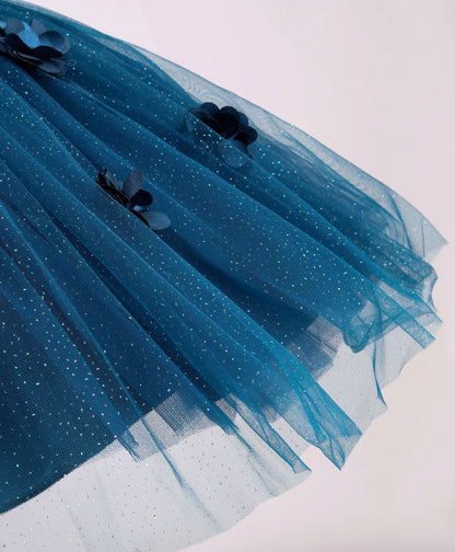 Enfance Sleeveless Flower Applique Solid Party Wear Dress -P.Blue