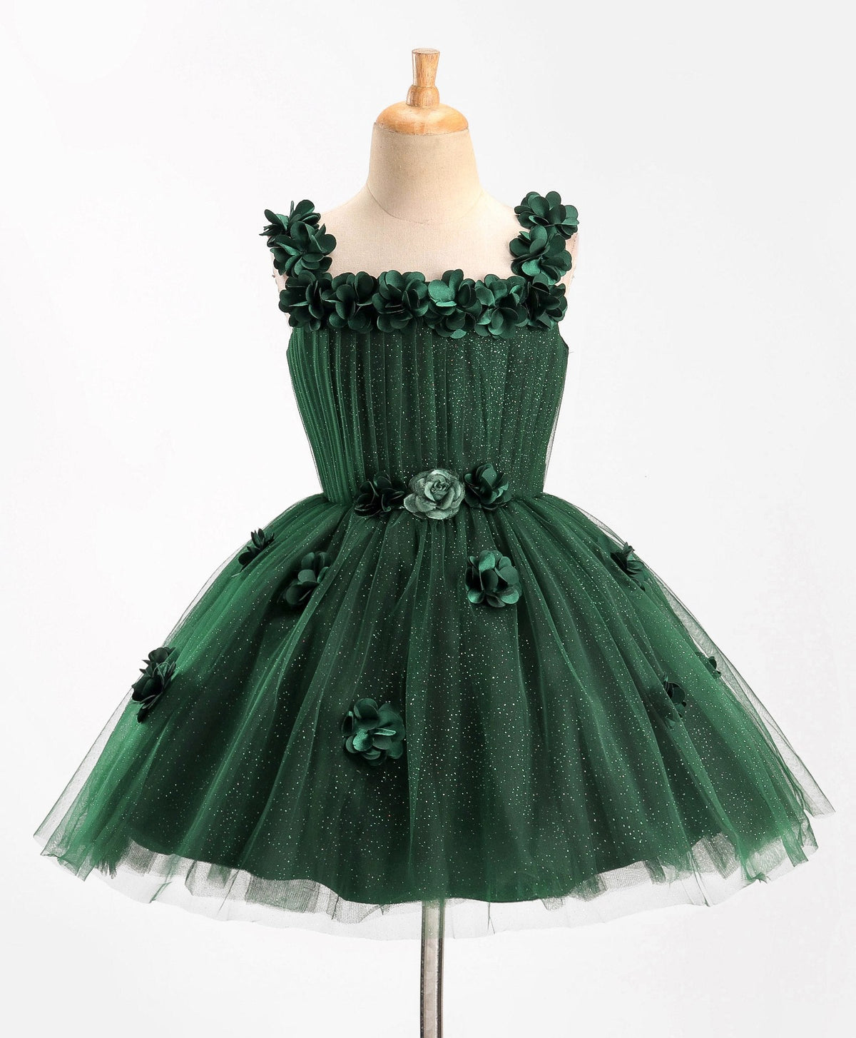 Enfance Sleeveless Flower Applique Solid Party Wear Dress -B.Green