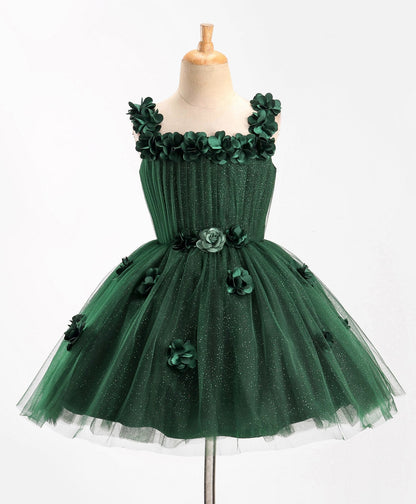 Enfance Sleeveless Flower Applique Solid Party Wear Dress -B.Green