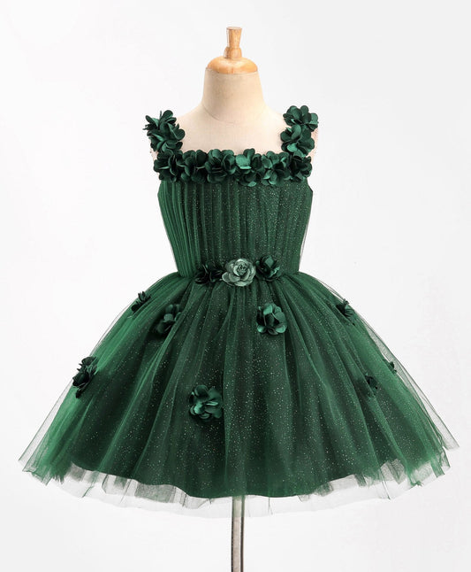 Enfance Sleeveless Flower Applique Solid Party Wear Dress -B.Green